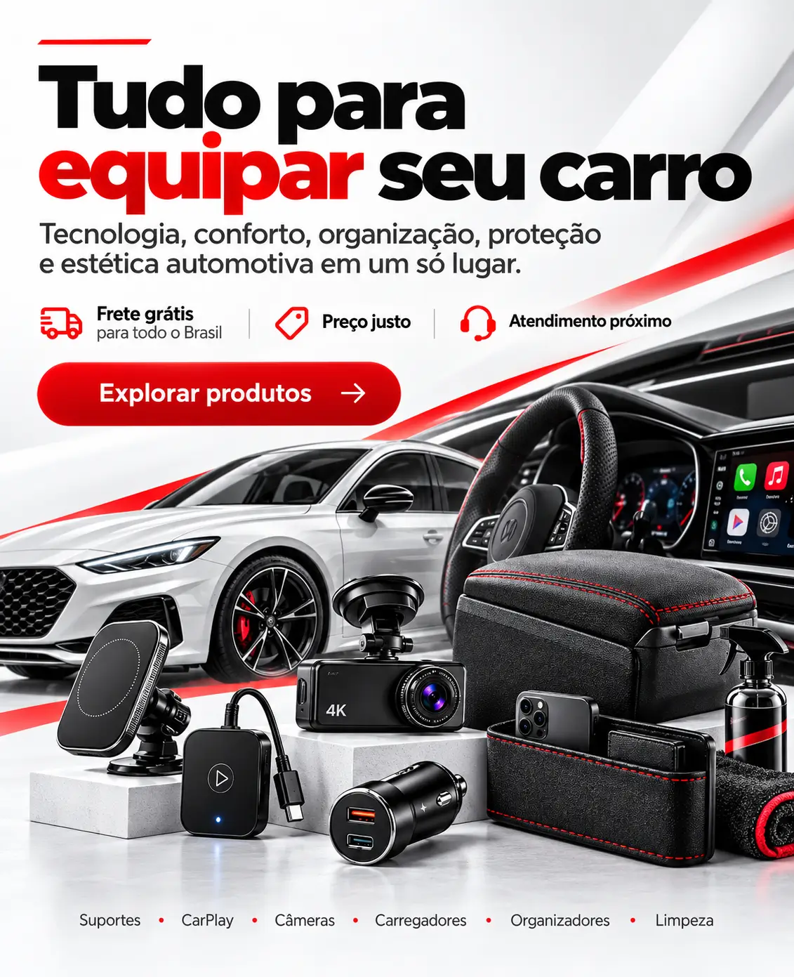 Tudo para equipar seu carro: tecnologia, conforto, organização, proteção e estética automotiva.