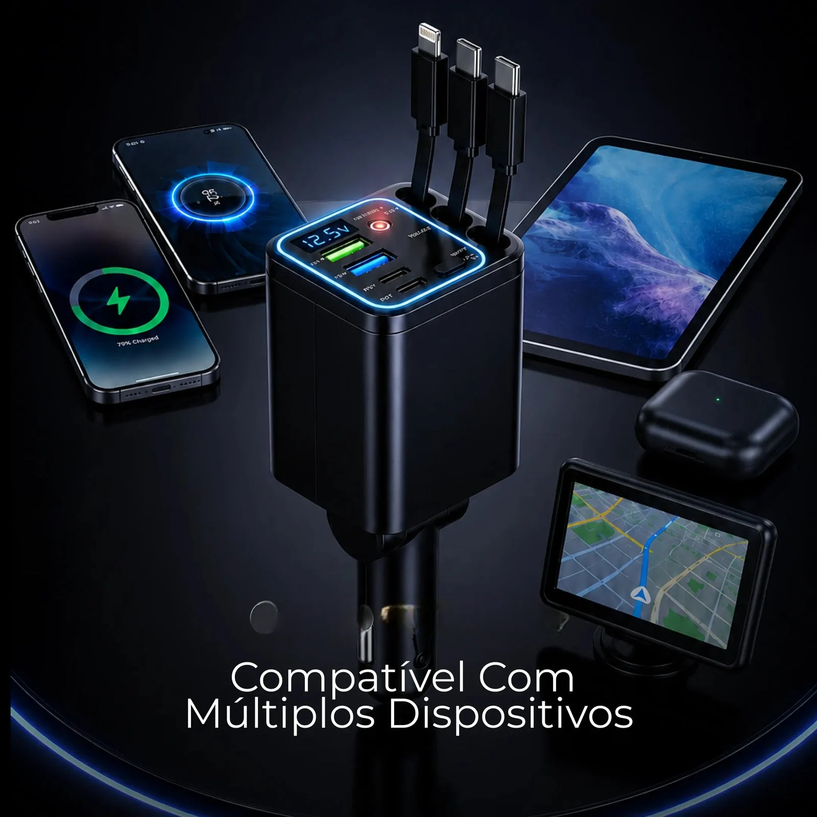 Carregador Veicular 7 em 1 com Cabos Retráteis e Display
